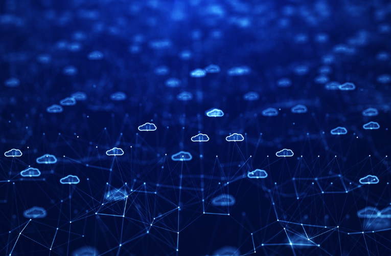 A digital network of interconnected cloud nodes visualizes the advanced connectivity and data intelligence behind AMI 2.0 and modern grid-edge technologies.
